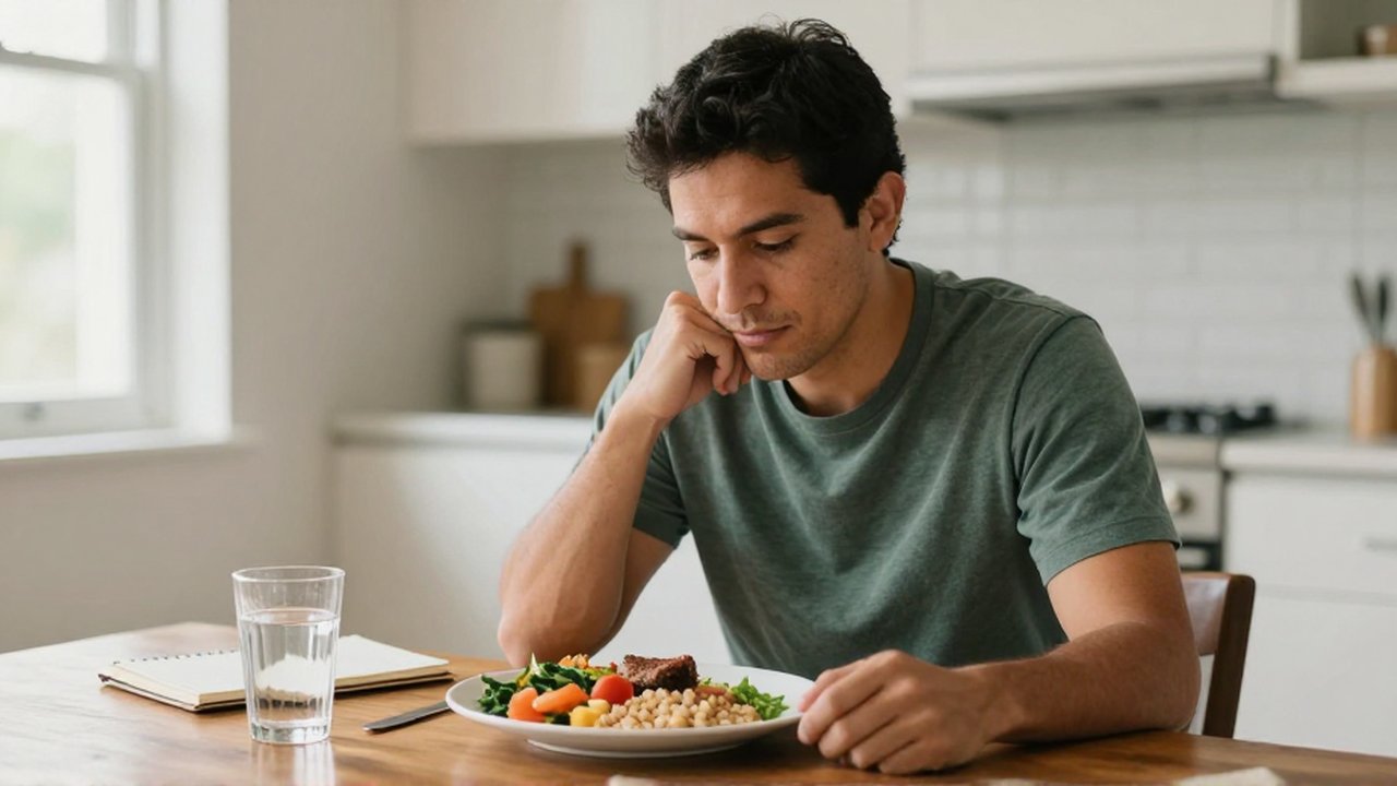 Hombre sentado frente a un plato de comida saludable y un cuaderno en una cocina luminosa.