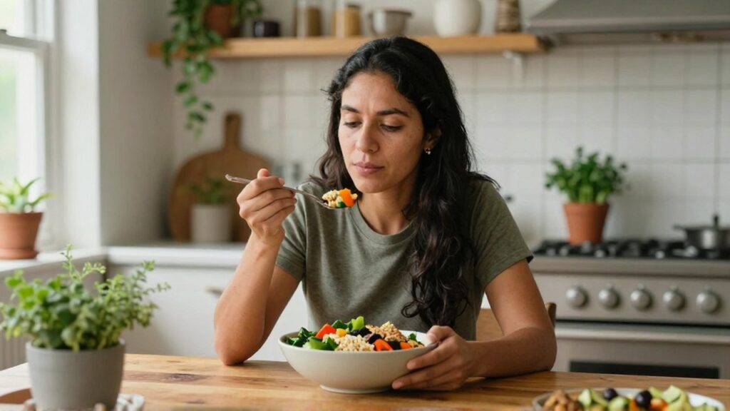 Una mujer latina come tranquilamente un plato de vegetales y granos en una cocina iluminada.