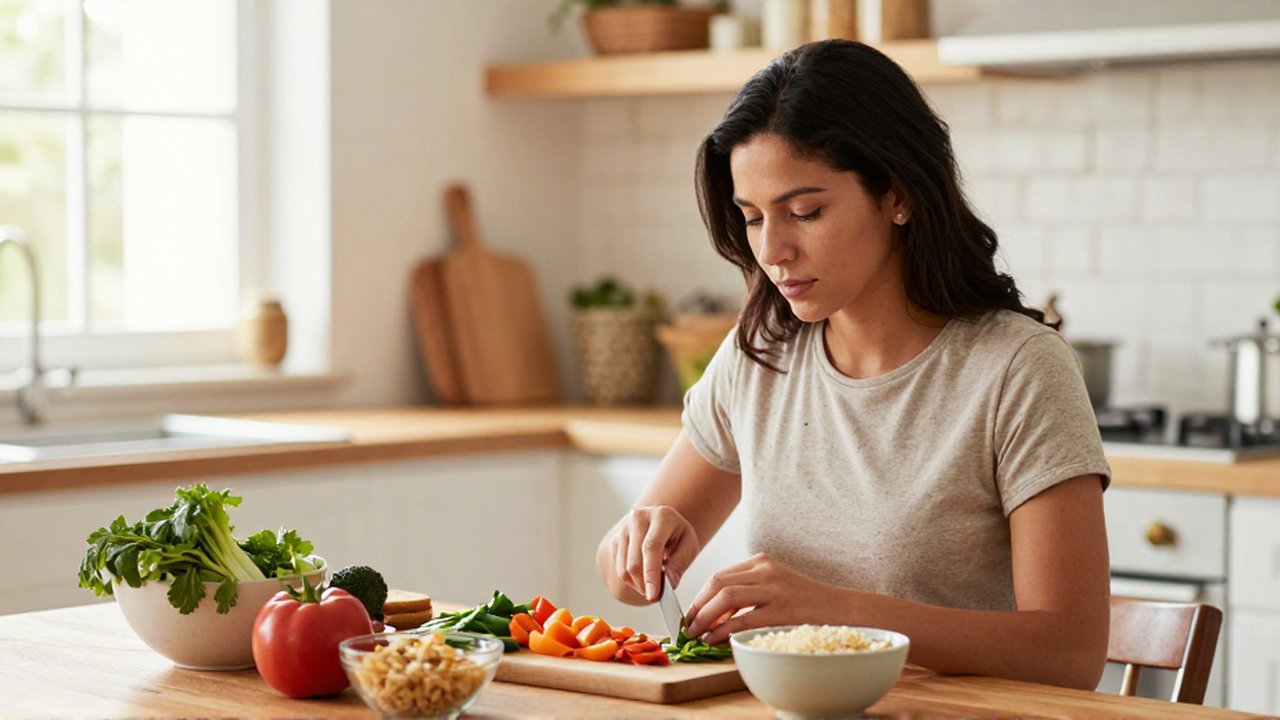 Mujer sentada en una cocina iluminada mientras pica vegetales para preparar un cuenco de comida.
