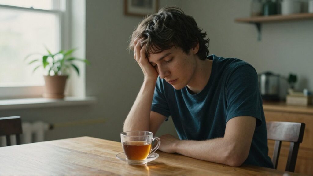 Persona sentada ante una mesa de madera con la frente apoyada en su mano y una taza de té.