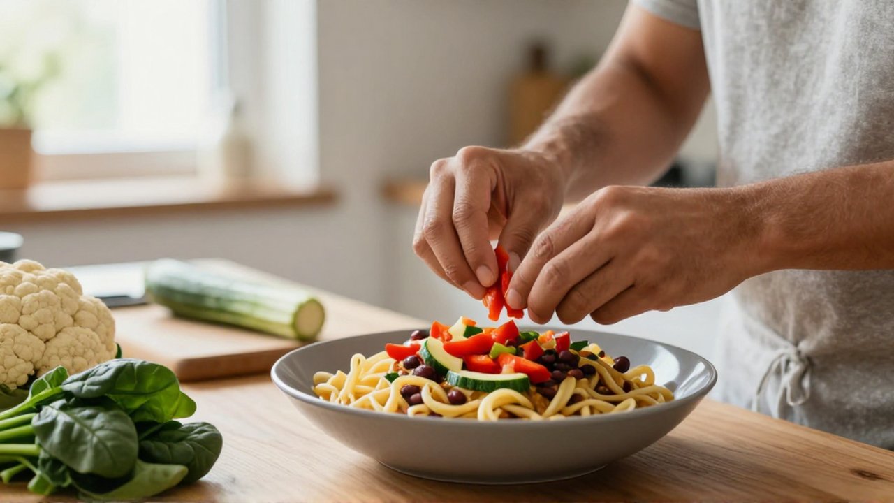 Manos de una persona añaden pimiento rojo y calabacín picado sobre un bol de pasta.