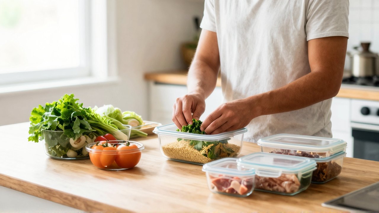 Persona joven organiza vegetales, granos y proteínas en recipientes de vidrio sobre una encimera de madera.