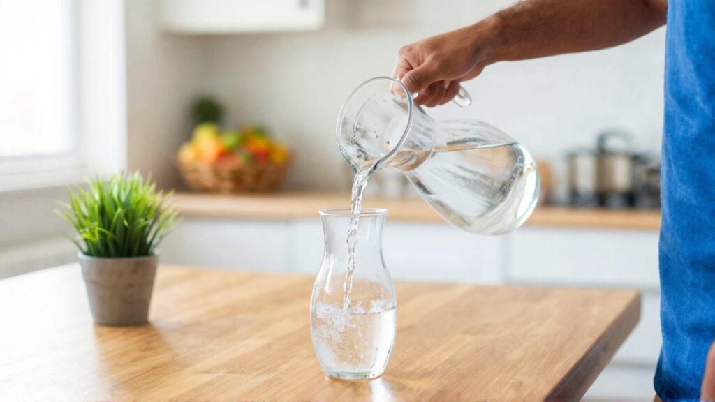 Una persona vierte agua desde una jarra de cristal a una caraf en una mesa de madera.