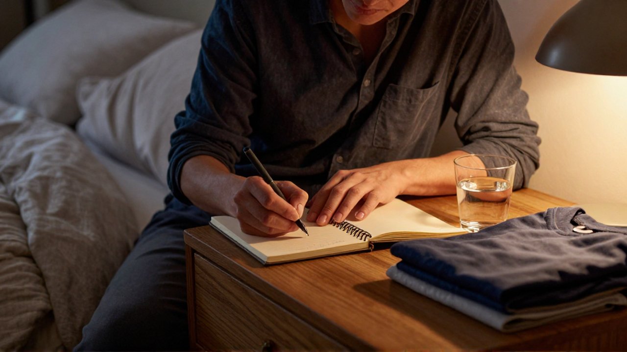 Una persona escribe tranquilamente en un cuaderno sobre una mesa de noche de madera en un dormitorio.