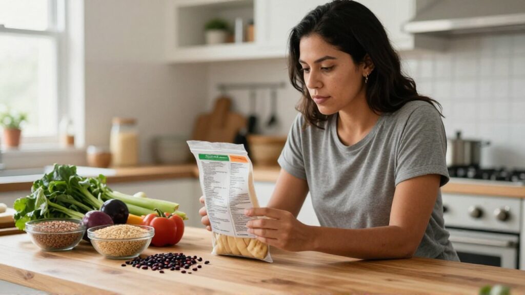 Una persona lee atentamente la lista de ingredientes en un envase sobre una encimera con vegetales.