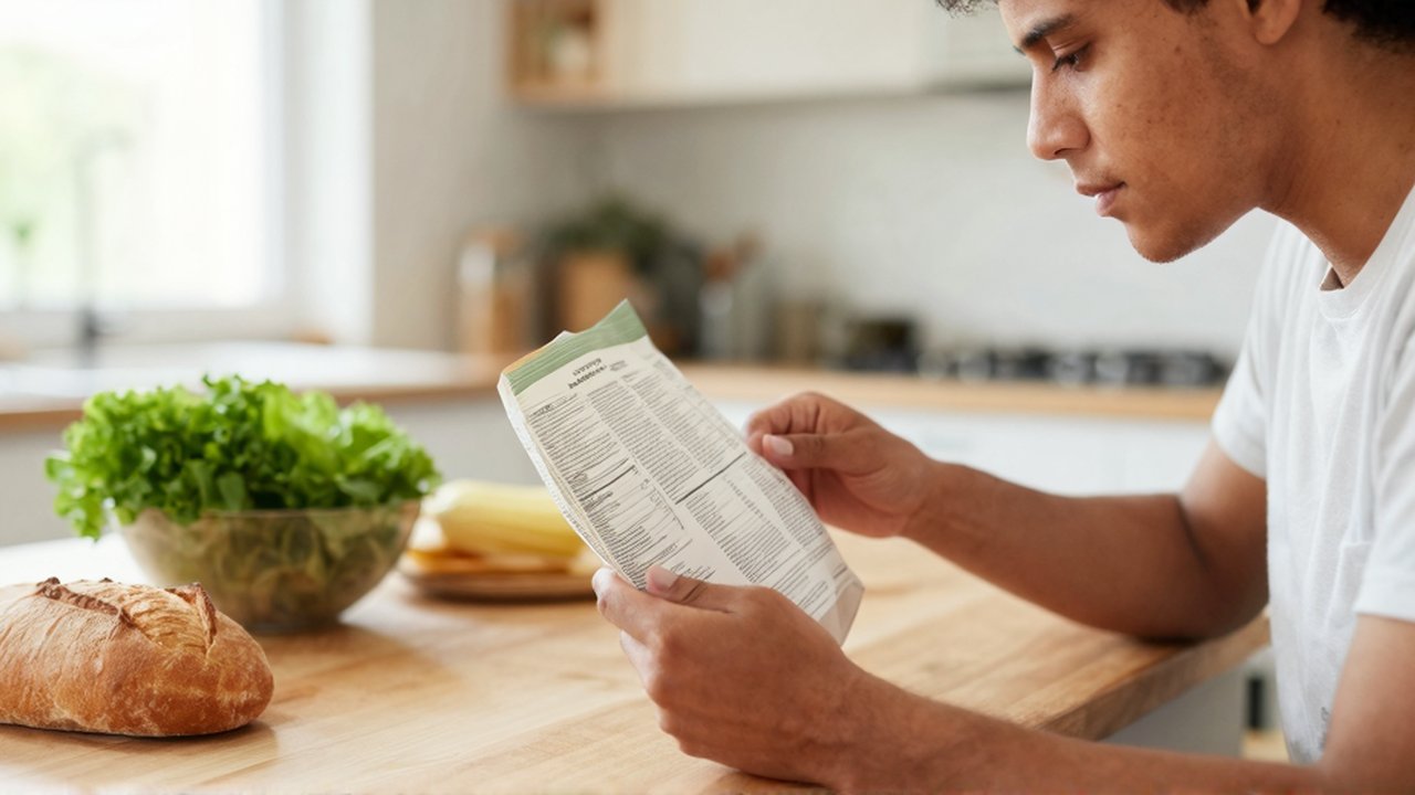 Una persona con rasgos latinoamericanos examina la etiqueta nutricional de un producto en una cocina luminosa.