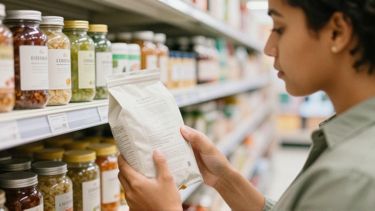 Una persona latinoamericana examina con atención la lista de ingredientes en un envase de comida en un pasillo de supermercado.