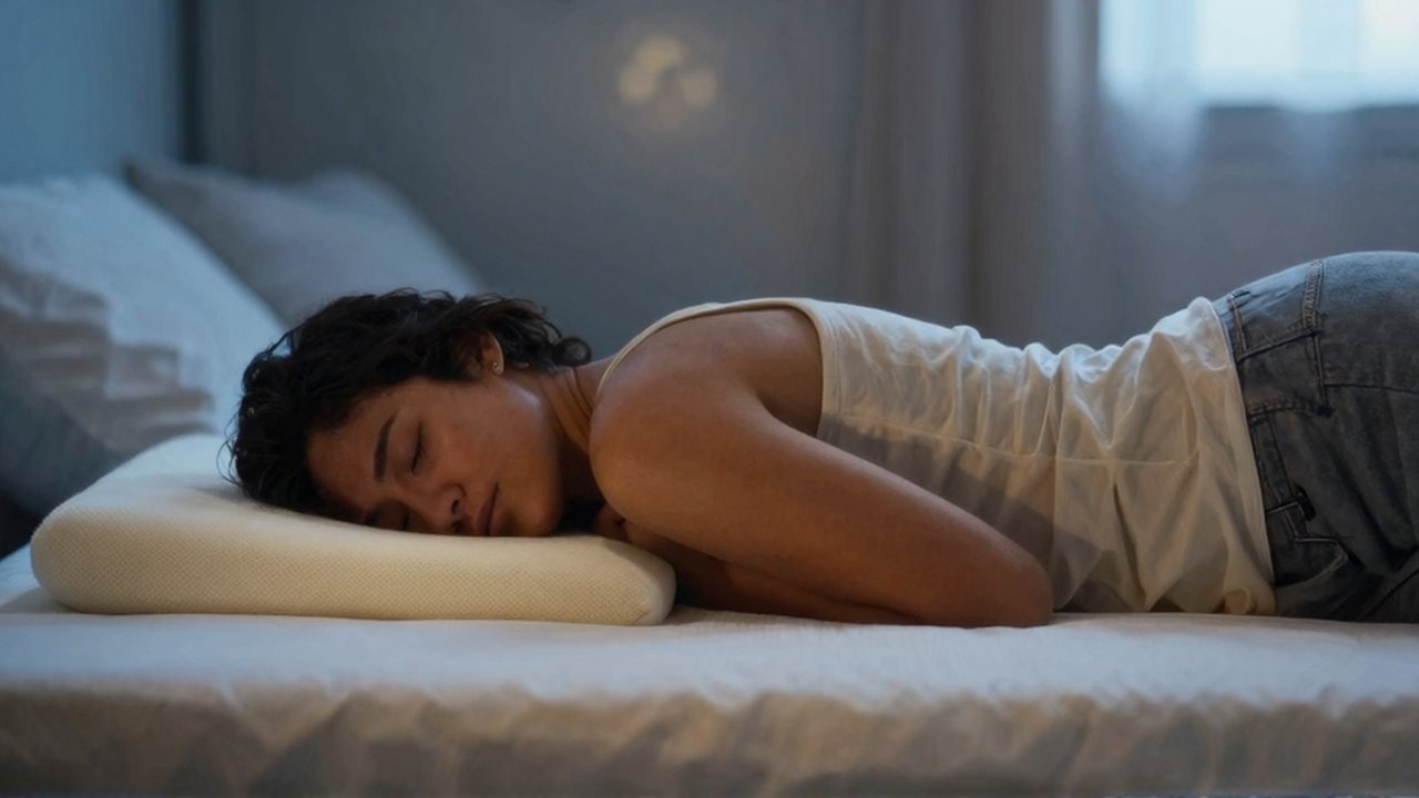 Persona de perfil durmiendo de lado sobre un colchón con la columna y cadera alineadas.
