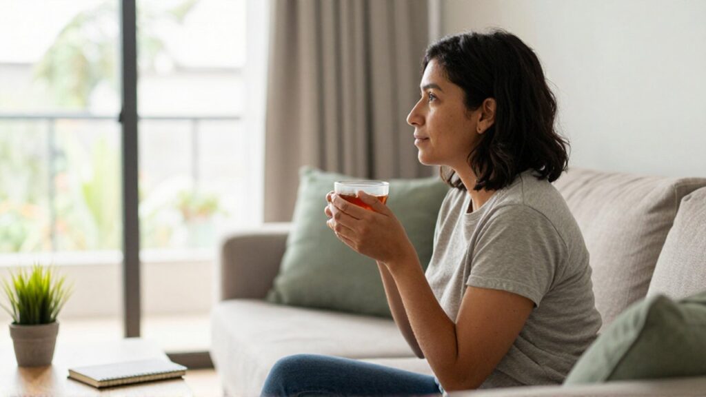Persona de rasgos latinos sentada en un sofá junto a una ventana con una taza de té.