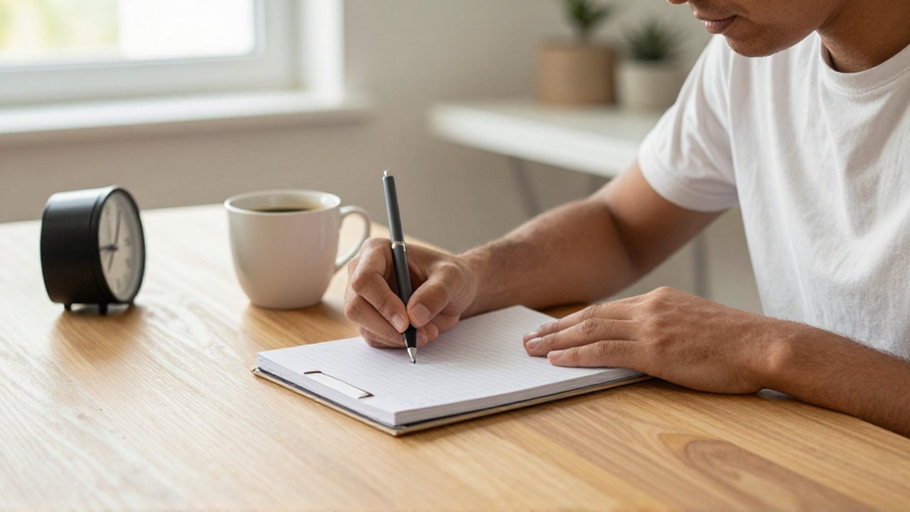 Una persona escribe una lista en un cuaderno sobre un escritorio de madera junto a un café.