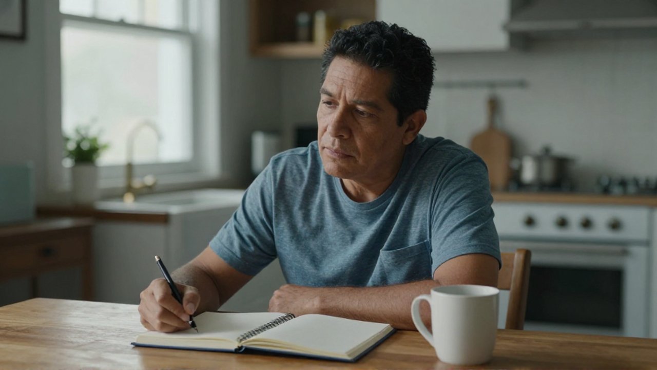 Persona de mediana edad sentada frente a un cuaderno y una taza en una mesa de madera.