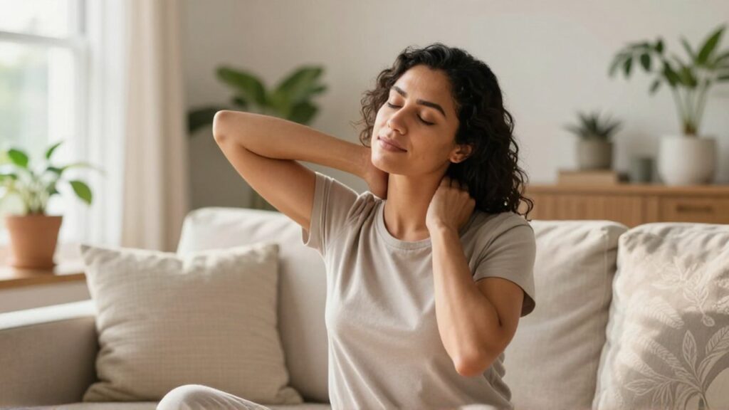 Mujer con expresión serena realiza estiramientos de cuello y hombros en una sala luminosa.
