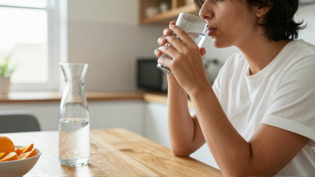 Una persona de rasgos latinoamericanos sostiene un vaso de agua con ambas manos frente a una jarra y fruta cítrica.