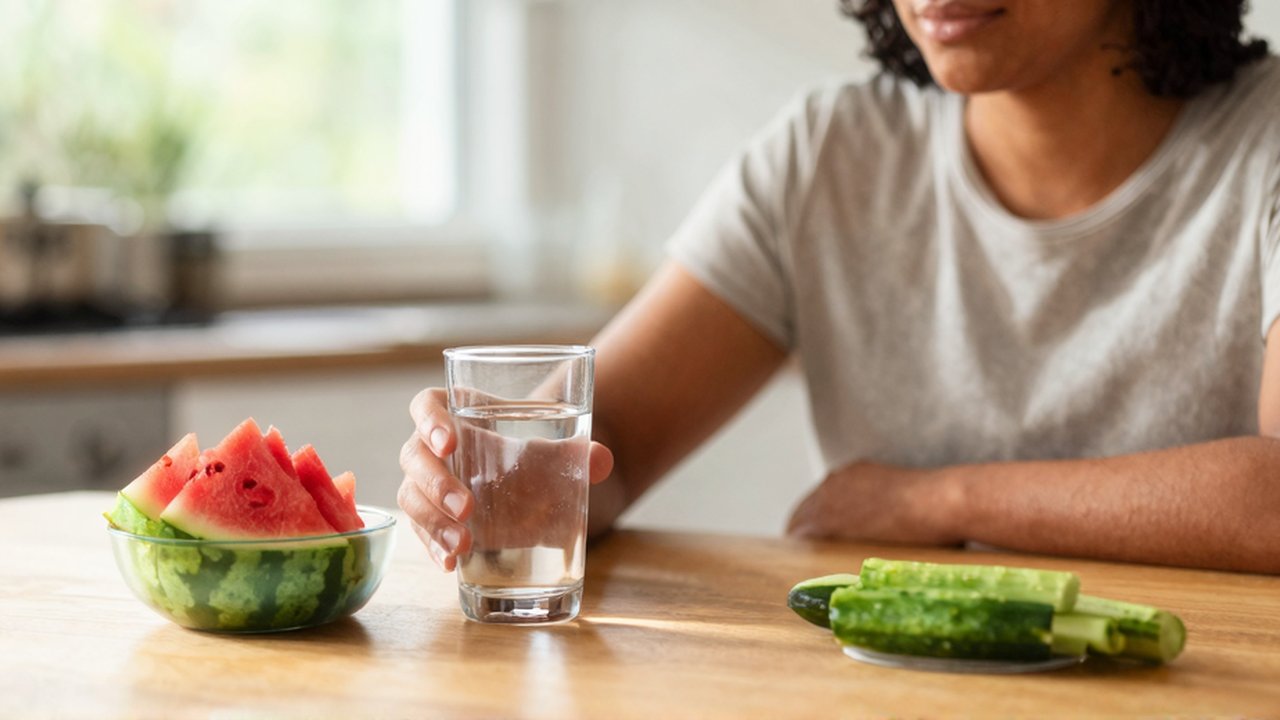 Una persona alcanza un vaso de agua junto a un cuenco con sandía y pepino en una cocina luminosa.