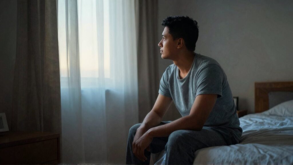 Un hombre joven sentado al borde de una cama mira hacia una ventana al amanecer.