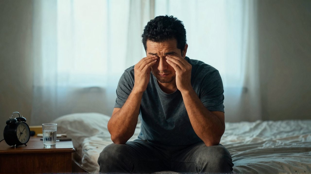 Un hombre latinoamericano con expresión de cansancio se frota los ojos sentado al borde de su cama.
