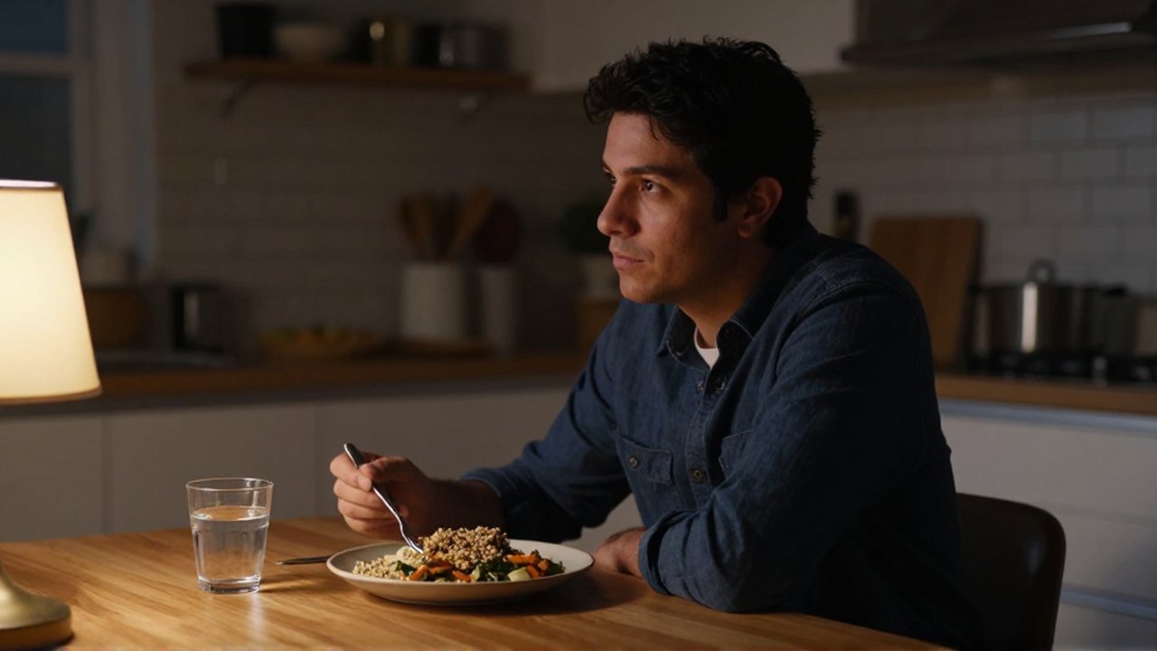 Persona de ascendencia latinoamericana sentada frente a un plato de granos y vegetales en una cocina acogedora.