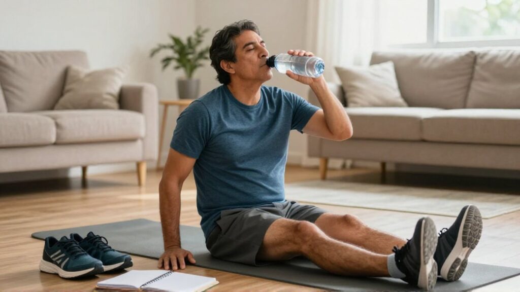 Un hombre latinoamericano de mediana edad bebe agua sentado en una esterilla de yoga en una sala iluminada.
