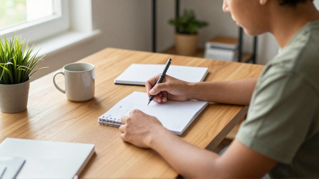 Persona de ascendencia latinoamericana revisa un planificador manuscrito sentado en un escritorio de madera.