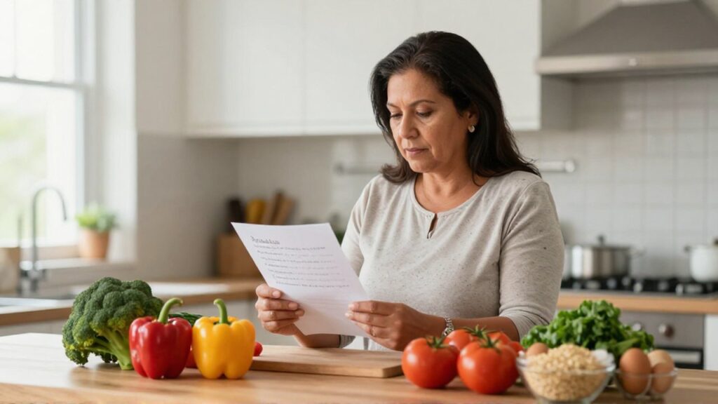 Mujer latinoamericana mira una lista escrita mientras organiza vegetales y huevos sobre una encimera de madera.