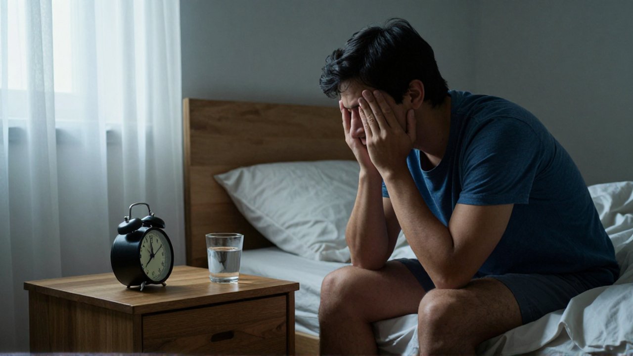 Una persona sentada al borde de una cama observa un despertador sobre una mesa de noche.