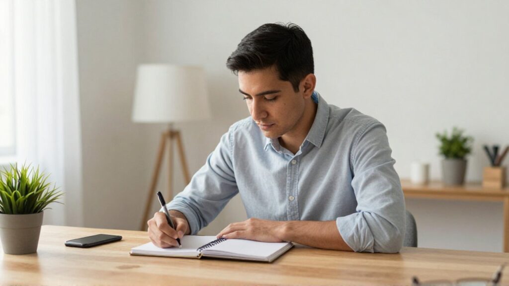 Una persona profesional escribe en un cuaderno sobre un escritorio de madera en una oficina luminosa.