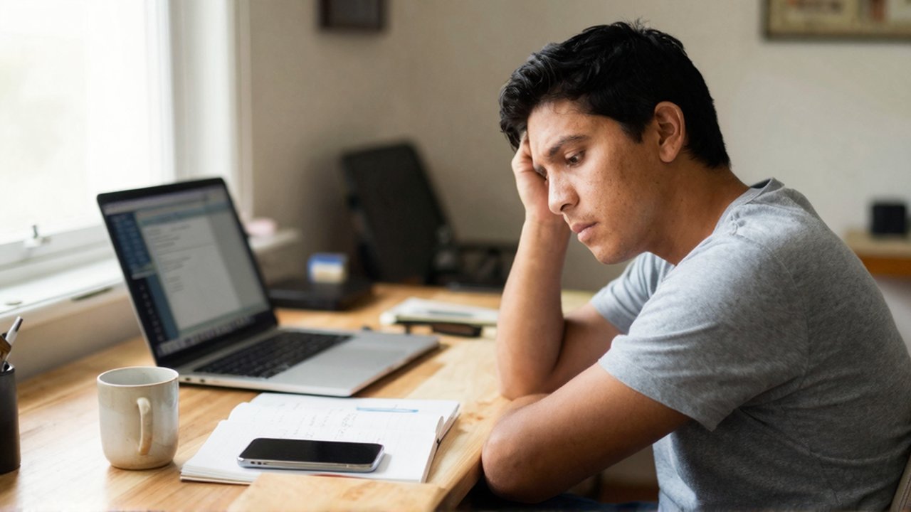 Una persona de ascendencia latinoamericana mira con distracción un teléfono sobre un escritorio con laptop y libreta.