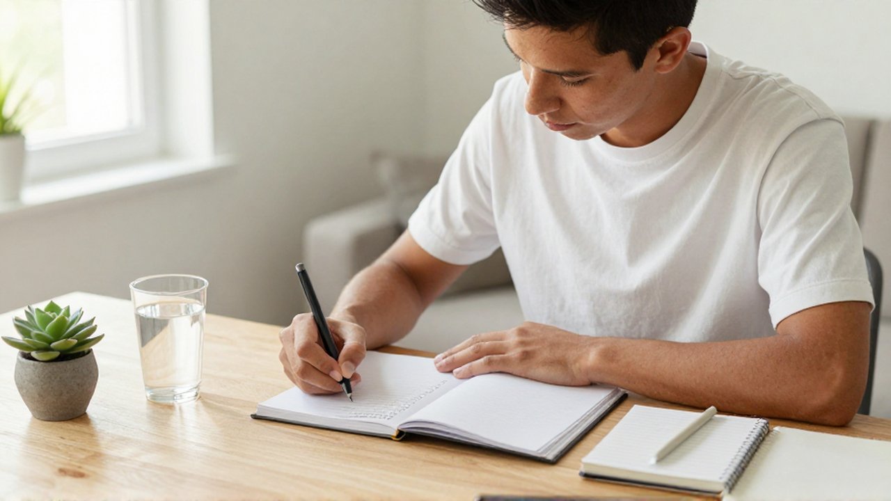 Persona de ascendencia latinoamericana escribe una lista de tareas en un cuaderno sobre un escritorio de madera.
