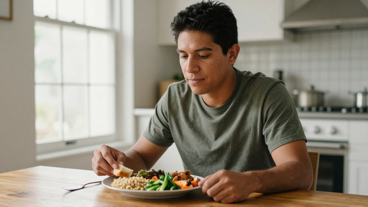 Un hombre latinoamericano contempla pensativo un plato con granos, vegetales y proteínas en una mesa de madera.