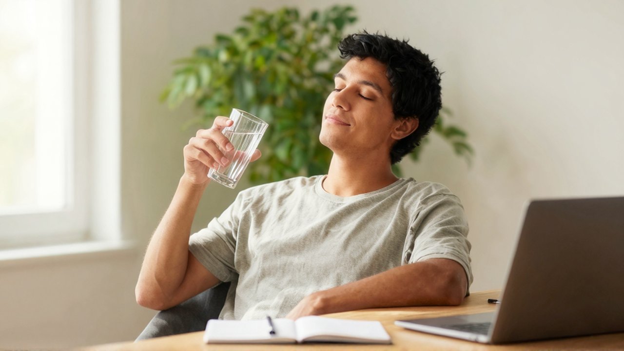 Persona joven sentada en un escritorio de madera con los ojos cerrados y un vaso de agua.