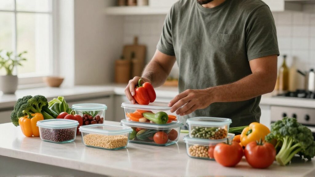 Una persona organiza vegetales frescos y granos en recipientes de vidrio sobre una encimera.