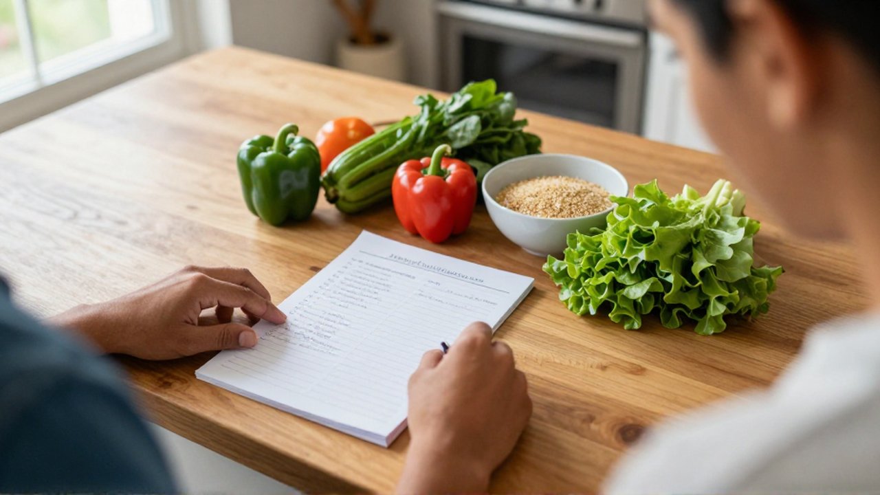Manos organizan una lista escrita junto a pimientos, verduras verdes y un bol de granos sobre una encimera de madera.