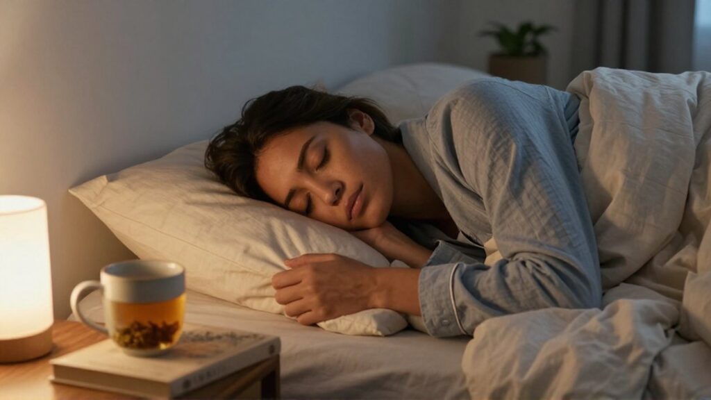 Una persona con rasgos latinoamericanos se acurruca en una cama junto a una mesilla con una taza y una lámpara.