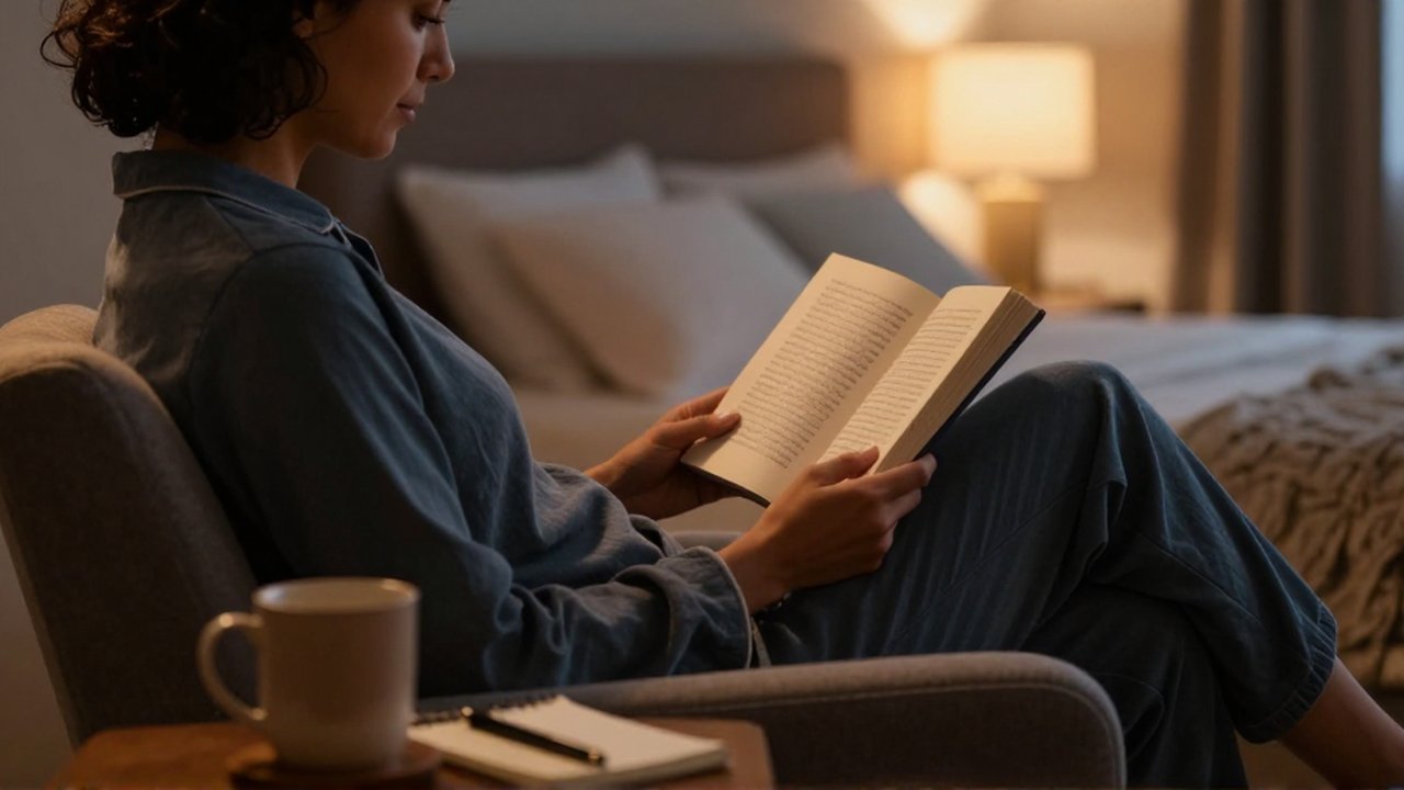Persona de perfil sentada en un sillón leyendo un libro físico junto a una mesa con una taza.