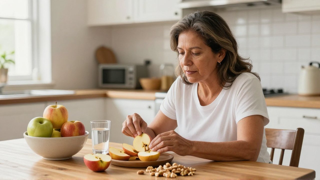 Mujer latinoamericana sentada en una cocina iluminada preparando manzanas cortadas y frutos secos.