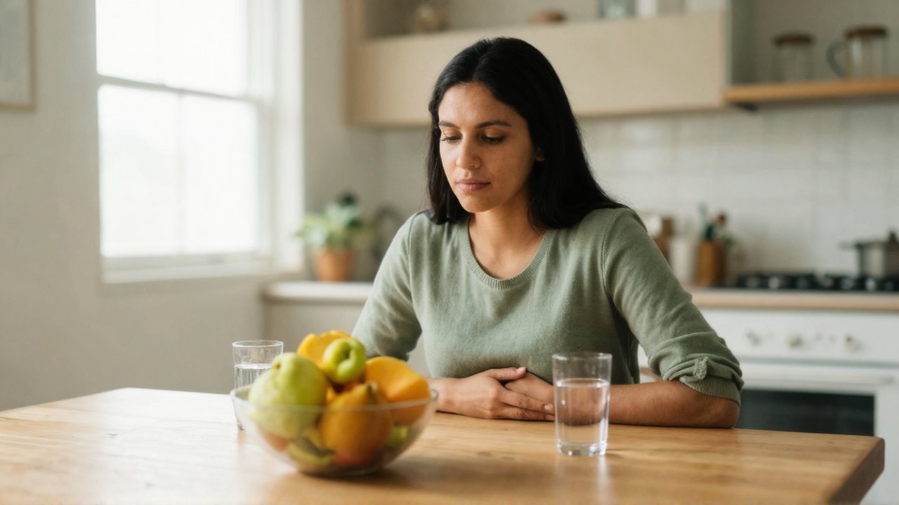 Mujer sentada ante una mesa de madera con fruta y agua en una cocina iluminada.