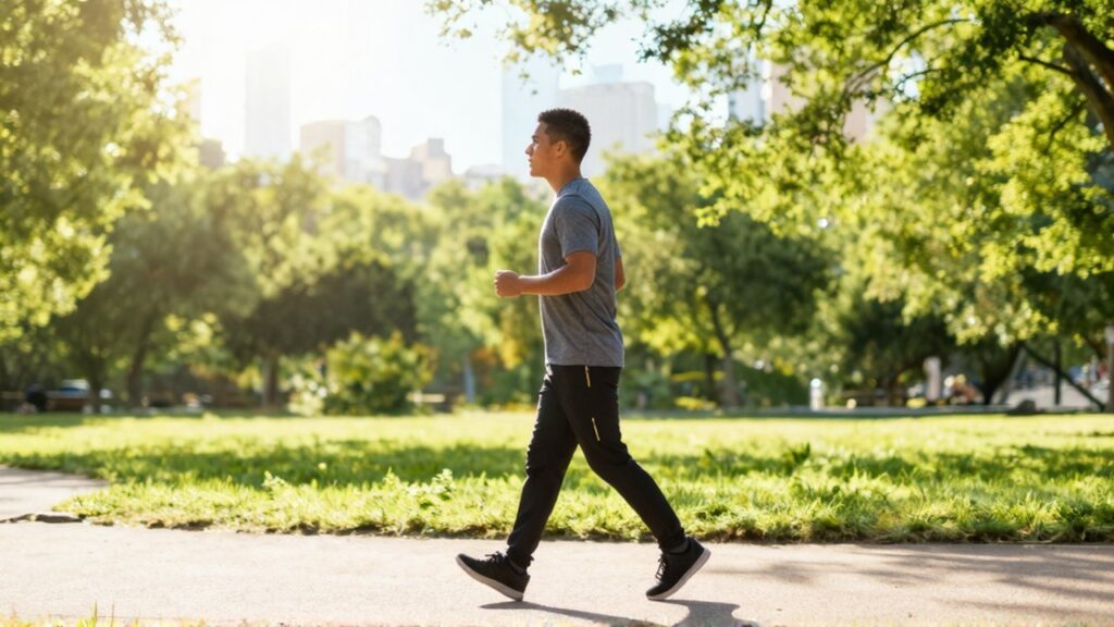 Una persona con ropa deportiva camina rápidamente por un sendero de un parque urbano arbolado.