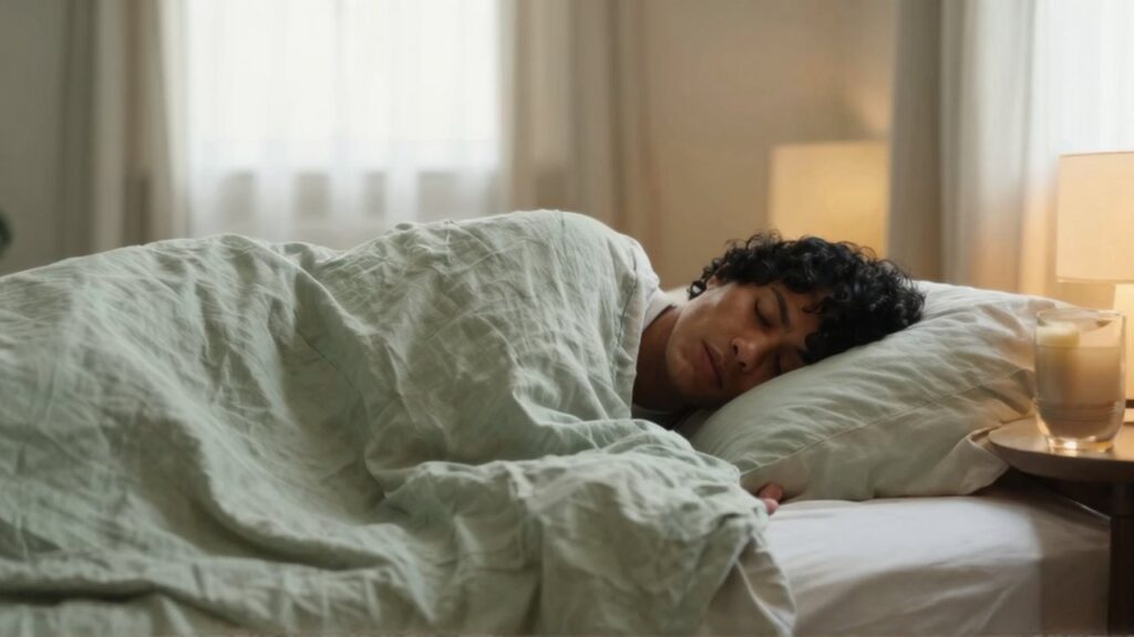 Persona de ascendencia latinoamericana duerme relajada bajo ropa de cama de lino en un dormitorio iluminado.