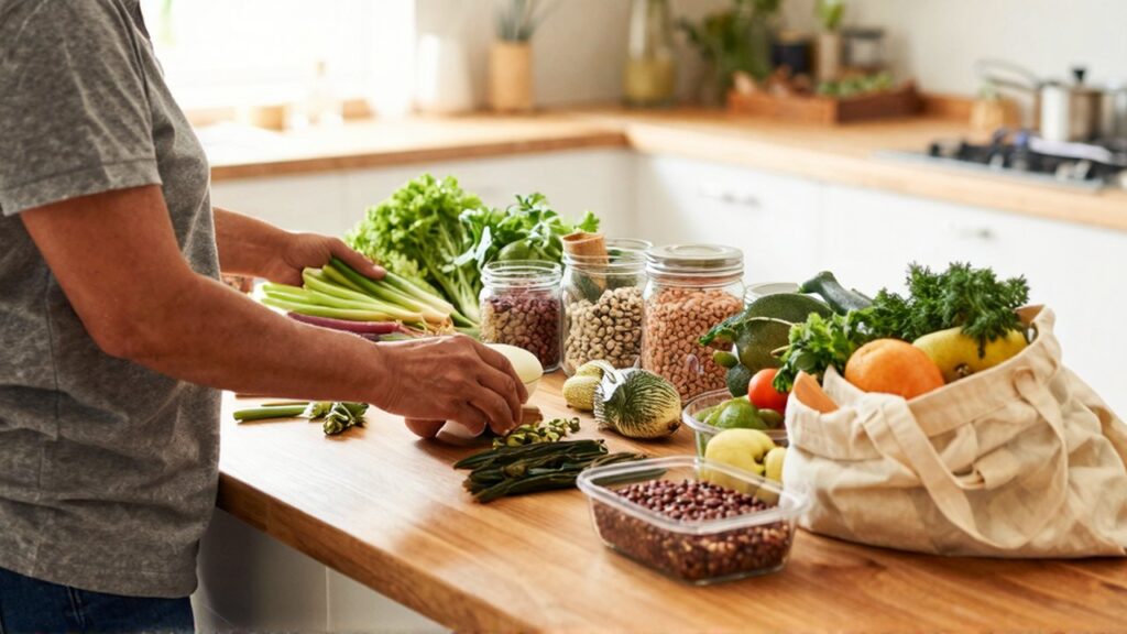 Persona de perfil organiza vegetales