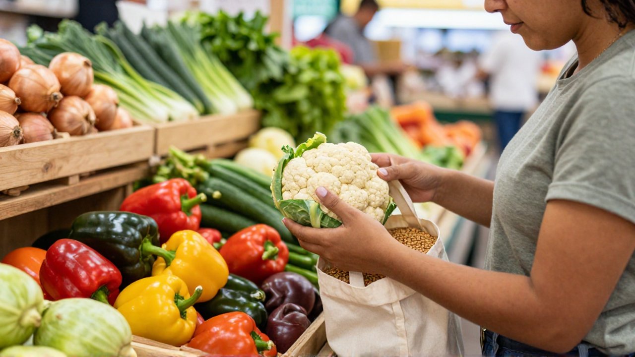 Persona colocando una coliflor y lentejas en una bolsa de tela en un puesto de mercado.