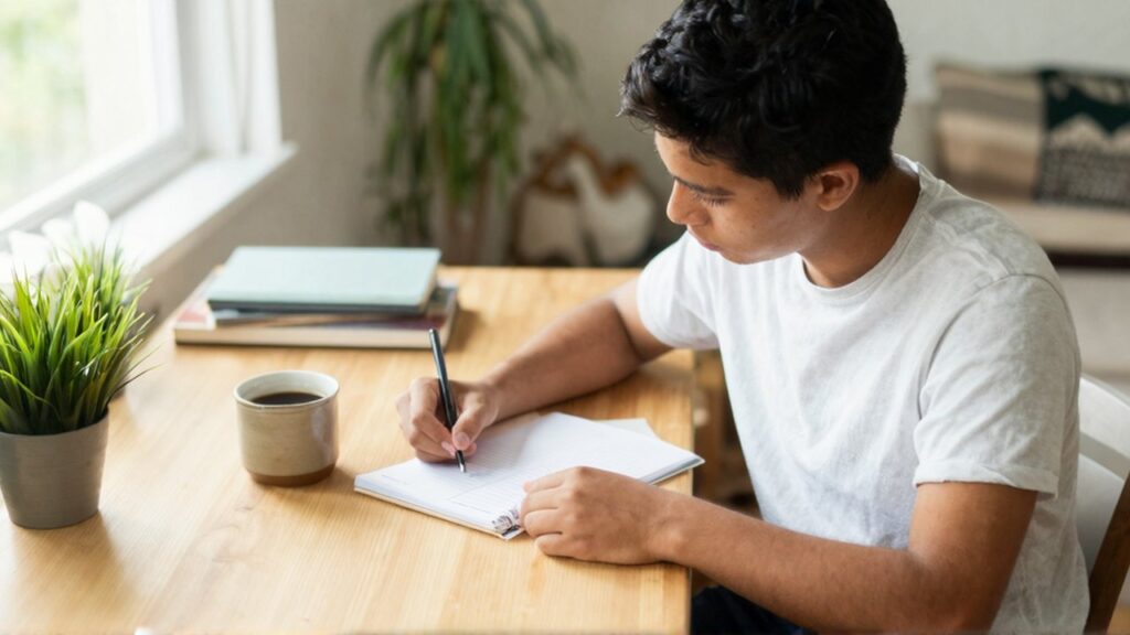 Persona joven escribe en un cuaderno sobre un escritorio de madera con café y una planta.
