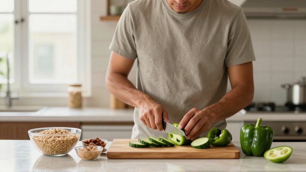 Una persona de treinta años corta pimientos y pepinos sobre una tabla de madera en una cocina luminosa.