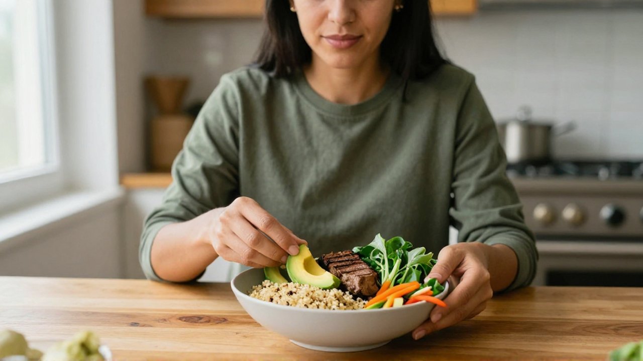 Una mujer prepara un tazón con quinoa, aguacate, proteína y vegetales en una mesa de madera.