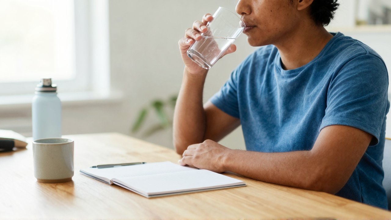 Persona con rasgos latinoamericanos bebe de un vaso de agua sentado frente a un escritorio de madera.