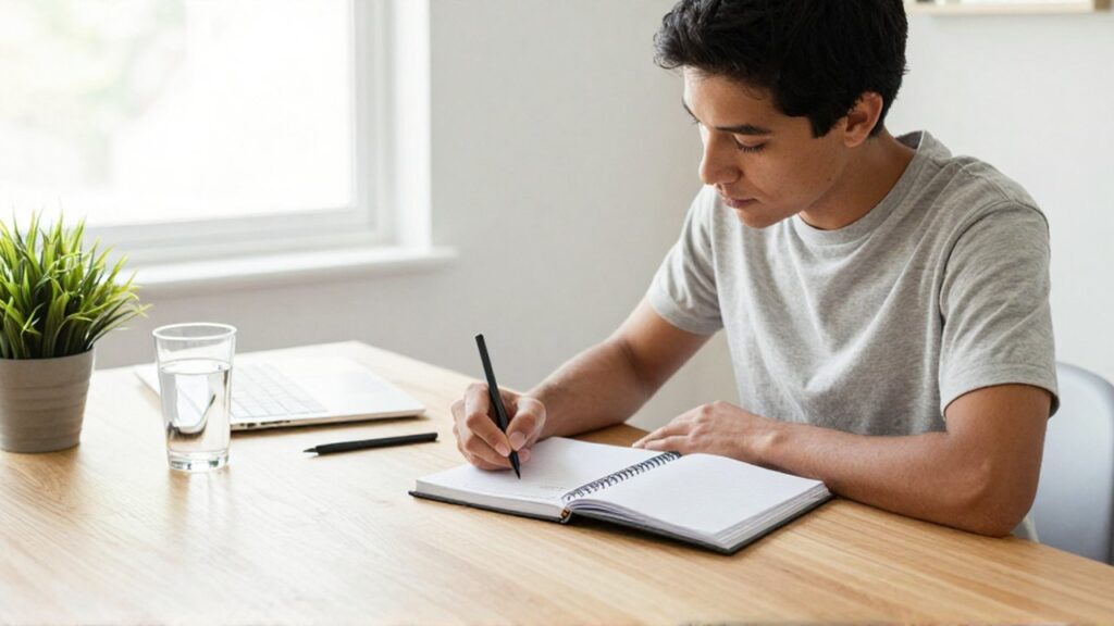 Una persona escribe con calma en una agenda sobre un escritorio de madera organizado.