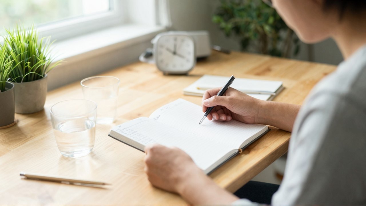 Una persona con expresión tranquila revisa un planificador y una lista de tareas en un escritorio de madera.