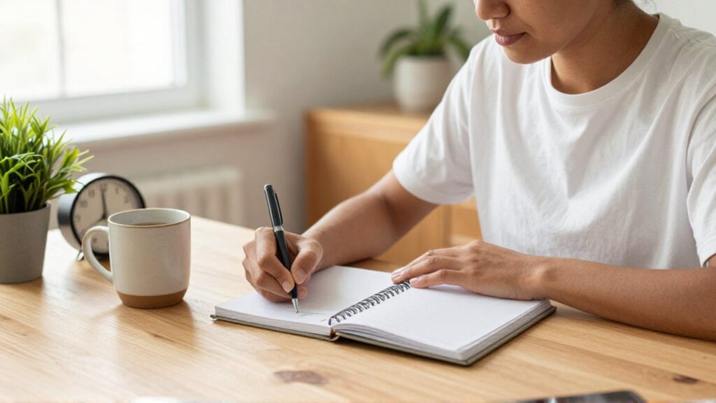 Persona de rasgos latinoamericanos escribe en una agenda sobre un escritorio de madera con una planta y una taza.