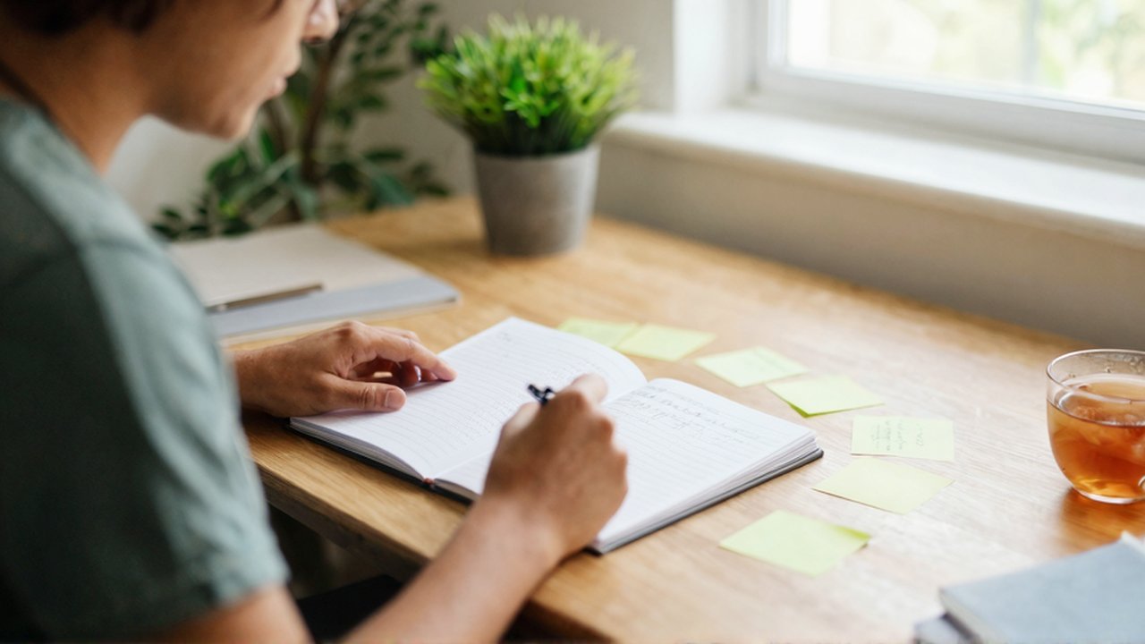 Persona sentada ante un escritorio de madera revisando un planificador y notas adhesivas.