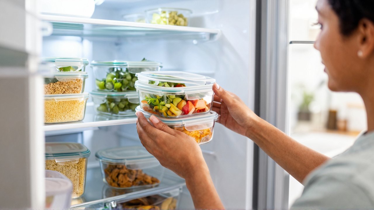 Persona de rasgos latinoamericanos organiza recipientes de vidrio con alimentos preparados dentro de una nevera moderna.