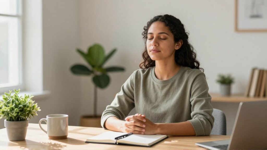 Persona sentada en un escritorio de madera con los ojos cerrados en un gesto de meditación.